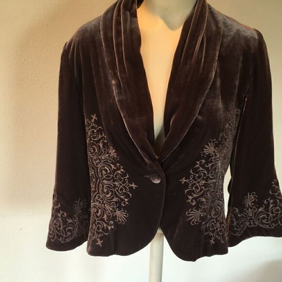 Vintage Jackets & Blazers - Vintage Karen Kane VELVET Blazer 3/4 sleeve Silk jacket embroidered brown Small
